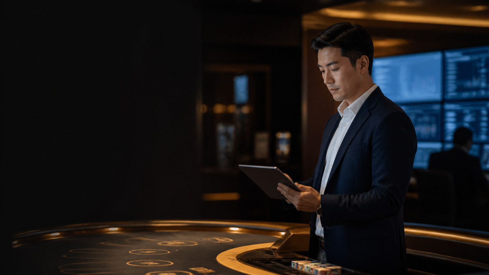 Casino operations professional reviewing a blackjack table on a tablet